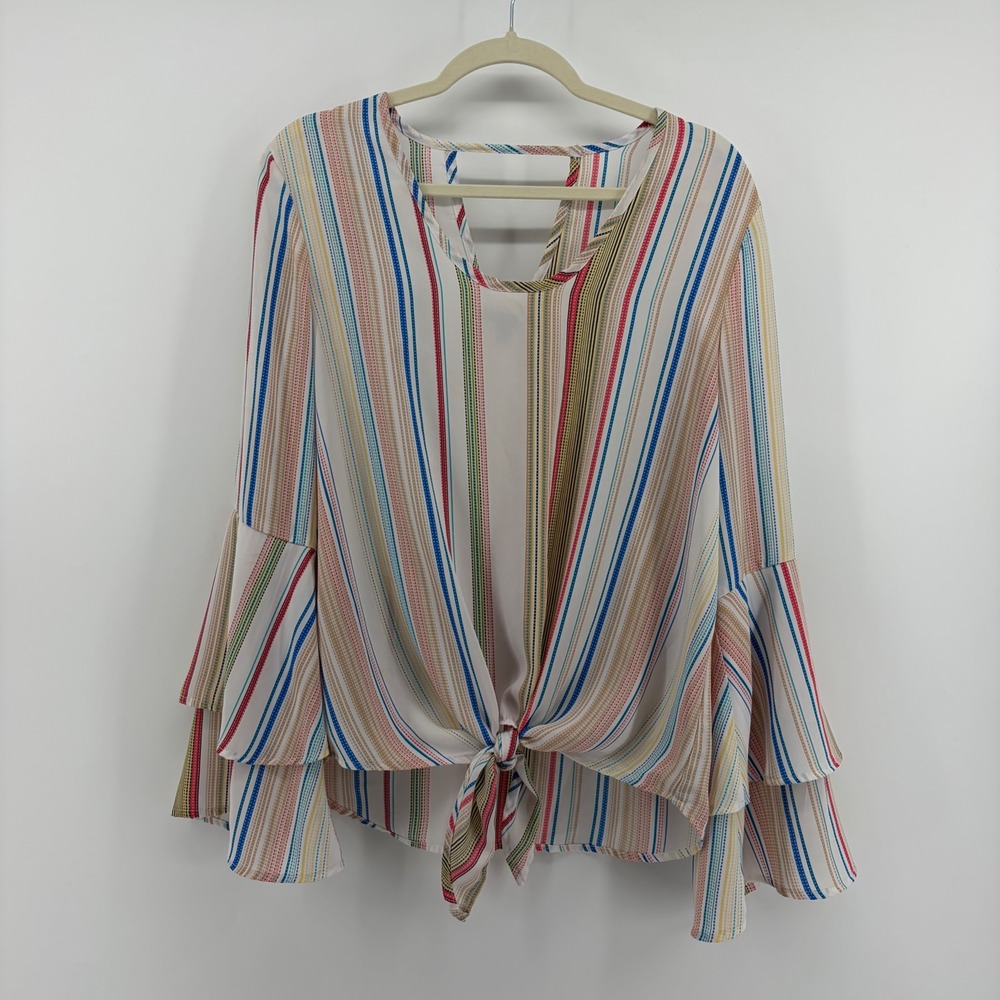 Signature Studio Blouse Multi-Color Women Large Striped Tie Front Bell‎ Sleeve